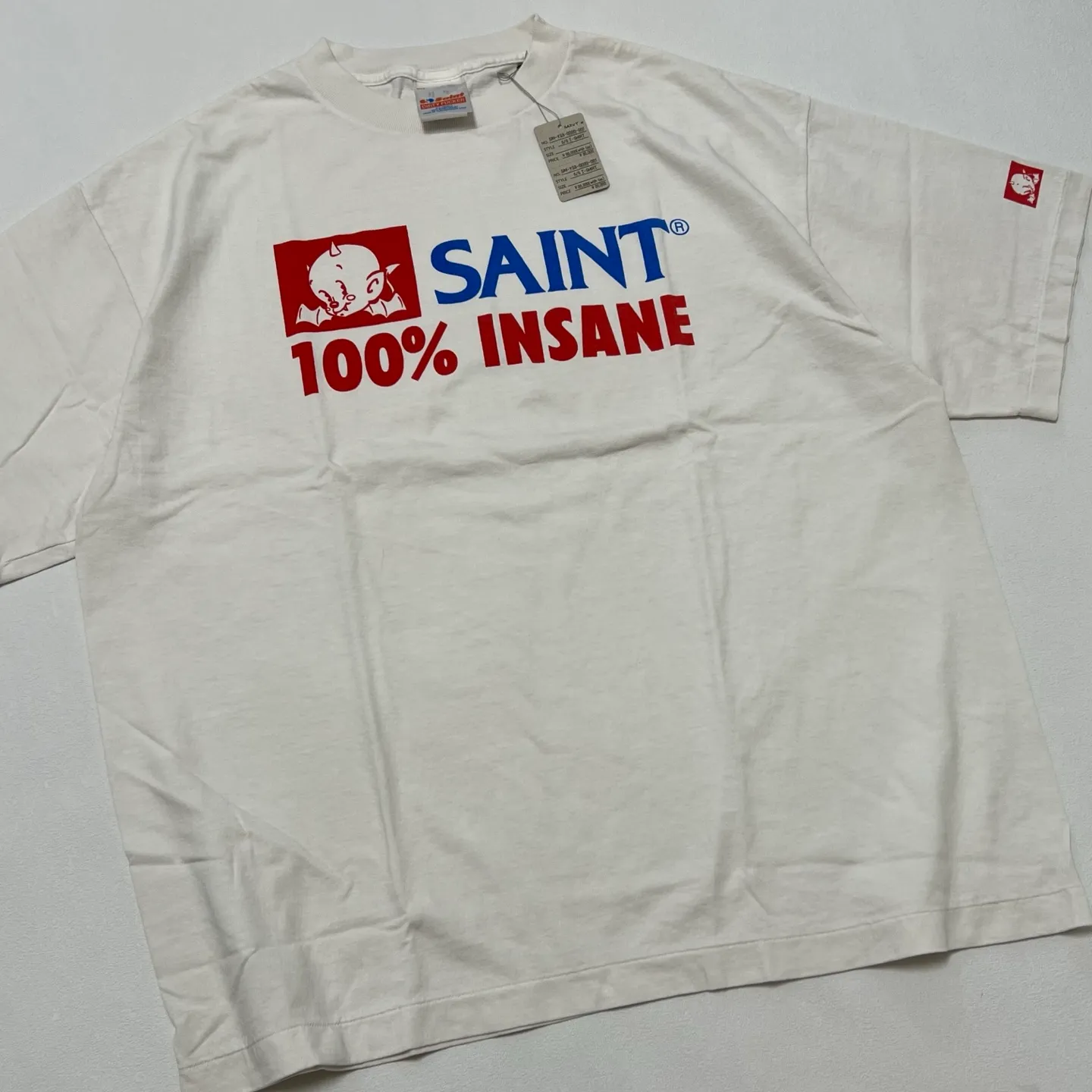 SAINT Mxxxxxx INSANE SS TEE/WHT Little Devil Angel TEE 100% INSANE slogan printed short sleeves off-white S-XL tube-woven fabric without side seams OE yarn original same weight correct version original main mark/wash mark/little angel security code original development no touch printing